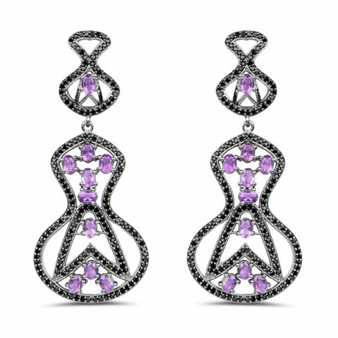 5.30 Carat Genuine Amethyst and Black Spinel .925 Sterling Silver Earrings - Fashion Apparel 