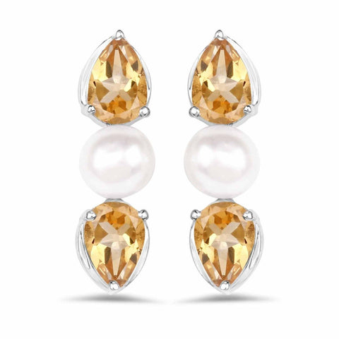 3.48 Carat Genuine Citrine and Pearl .925 Sterling Silver Earrings - Fashion Apparel 