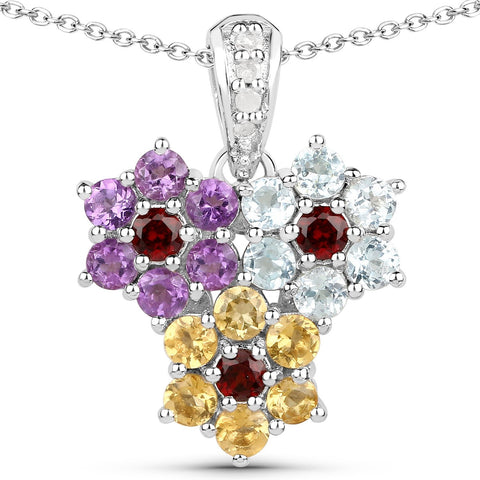 Rhodium Plated Sterling Silver Pendant With Chain Adorned With African Amethyst, Blue Topaz, Garnet, Citrine, And White Diamond. - Fashion Apparel 