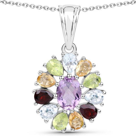Sterling Silver Pendant With Chain Featuring Rhodium Plating And Brazil Amethyst, Garnet, Blue Topaz, Citrine, Peridot Gemstones. - Fashion Apparel 