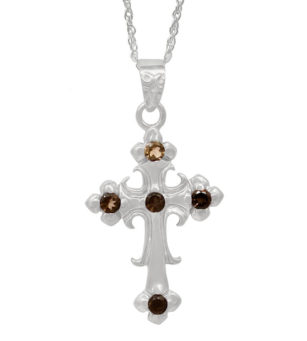 Rhodium Plated Sterling Silver Pendant With 4 Round Smokey Stones - Fashion Apparel 