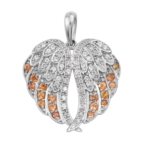 Rhodium Plated Sterling Silver Pendant With Orange Sapphire And Natural White Zircon Gemstones. - Fashion Apparel 