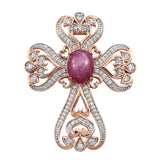 Rose Gold Rhodium Plated Sterling Silver Pendant With Star Ruby And Natural White Zircon Gemstones. - Fashion Apparel 
