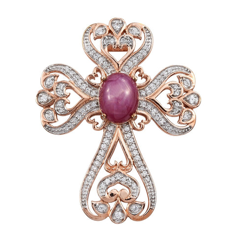 Rose Gold Rhodium Plated Sterling Silver Pendant With Star Ruby And Natural White Zircon Gemstones. - Fashion Apparel 