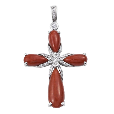 Alluring Sterling Silver Pendant With Rhodium Plating And Red Jade, Natural White Zircon Gemstones. - Fashion Apparel 