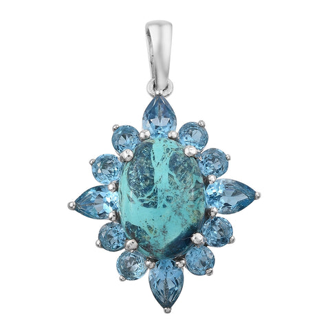Mesmerizing Sterling Silver Pendant With Rhodium Plating And Table Mountain Shadowkite, Electric Blue Topaz Gemstones - Fashion Apparel 