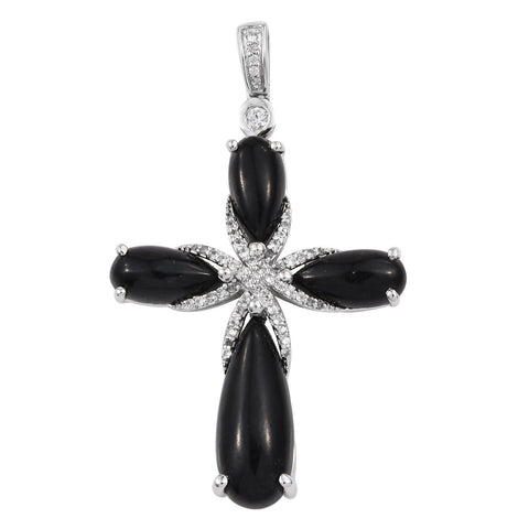 Stunning Rhodium Plated Sterling Silver Pendant With Black Jade, Natural White Zircon - Fashion Apparel 