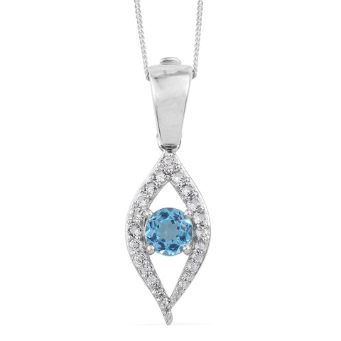 Rhodium Plated Sterling Silver Pendant With Polished Swiss Blue Topaz And White Topaz - Fashion Apparel 