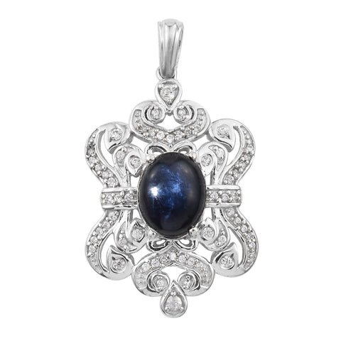 Sterling Silver Pendant With Rhodium Plating And Difused Star Blue Sapphire, Natural White Zircon Gemstones - Fashion Apparel 