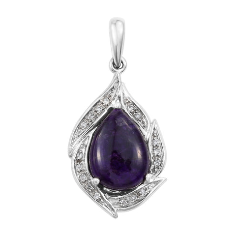 Rhodium Plated Sterling Silver Pendant With Shinning Sugilite And White Diamond Fi1 - Fashion Apparel 