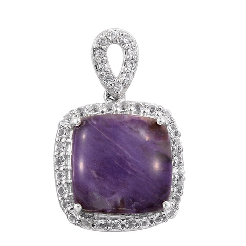 Sterling Silver, Russian Charoite With White Topaz Pendant Polished With Rhodium. - Fashion Apparel 