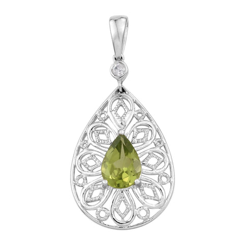 Halo Patterned Sterling Silver Rhodium Plated Pendant With Peridot And Natural White Zircon - Fashion Apparel 