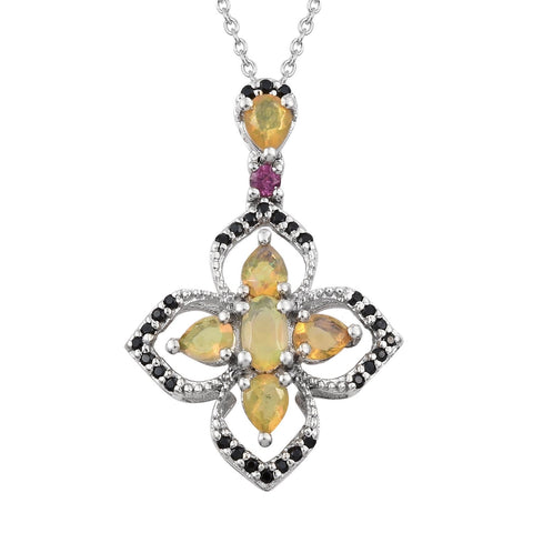 Black Spinel Opal Sterling Silver Pendant Plated With Rhodium. - Fashion Apparel 