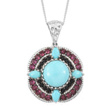 Rhodolite Garnet, Black Spinel, Mexican Turquoise Pedant Embeded In Rhodium - Fashion Apparel 