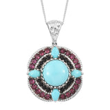 Rhodolite Garnet, Black Spinel, Mexican Turquoise Pedant Embeded In Rhodium - Fashion Apparel 