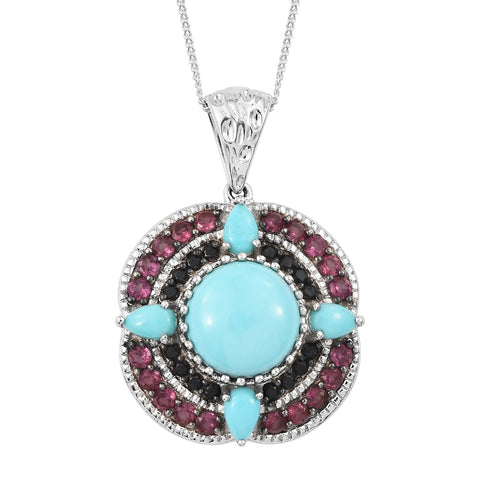 Rhodolite Garnet, Black Spinel, Mexican Turquoise Pedant Embeded In Rhodium - Fashion Apparel 