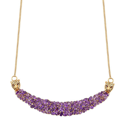 Yellow Gold Plated Sterling Silver Necklace With Polished African Amethyst Gemstones - Fashion Apparel 