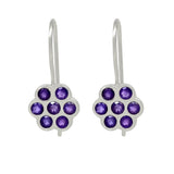 A Light Weight Sterling Silver Earrings Plated With Rhodium, Holds A Round Shaped Amethyst Gemstone - Fashion Apparel 