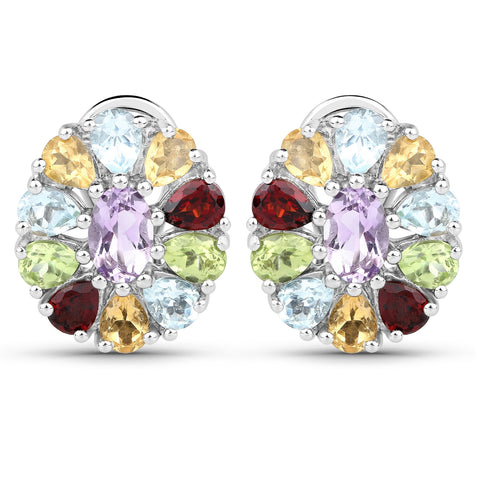 Rhodium Plated Sterlings Silver Earring With Polished Brazil Amethyst, Garnet, Blue Topaz, Citrine, And Peridot - Fashion Apparel 