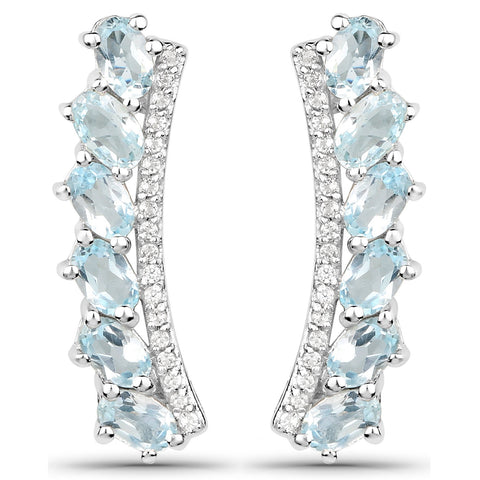 Polished Blue Topaz And White Topaz Jeweled In Rhodium Gold Plated Sterling Silver Earring. - Fashion Apparel 