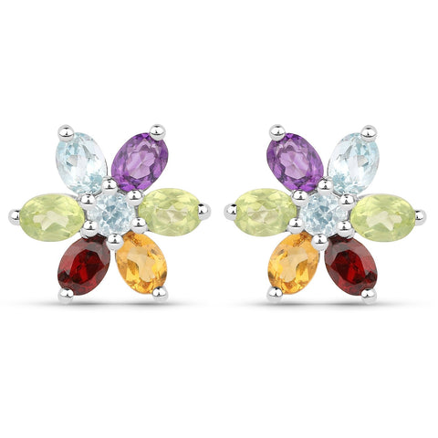 Sterling Silver Earring With Rhodium Plated And Polished Citrine, Peridot, African Amethyst, Blue Topaz, And Garnet. - Fashion Apparel 