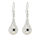 Black Colored Silver Sterling Earrings Plated With Rhodium And Featuring Black Onyx Cut Round Shaped Stone. - Fashion Apparel 