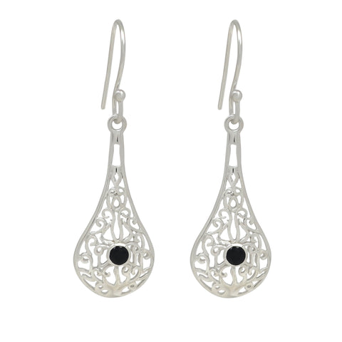 Black Colored Silver Sterling Earrings Plated With Rhodium And Featuring Black Onyx Cut Round Shaped Stone. - Fashion Apparel 