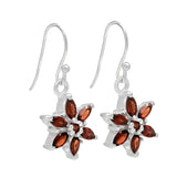 Round-Shaped Natural Red Garnet Stoned Rhodium-Plated Sterling Silver Hook Earrings - Fashion Apparel 