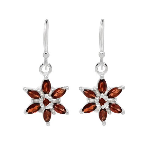 Round-Shaped Natural Red Garnet Stoned Rhodium-Plated Sterling Silver Hook Earrings - Fashion Apparel 