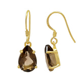 Pan Shaped Silver Sterling Hook Earrings Holding A Smoky Stone And Plated With Gold - Fashion Apparel 