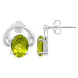 Oval Shaped Peridot Stud Adorned In Rhodium Plated Sterling Silver - Fashion Apparel 