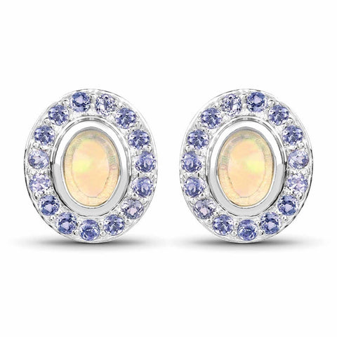 2.01 Carat Genuine Ethiopian Opal and Tanzanite .925 Sterling Silver Earrings - Fashion Apparel 