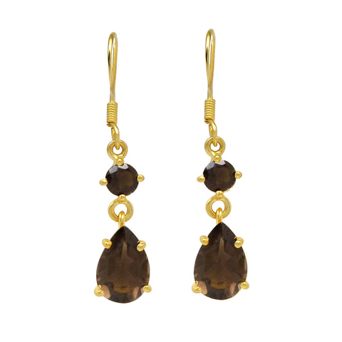 Elegant Sterling Silver Drop Earring With Gold Plating And Smokey Stone - Fashion Apparel 