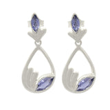 Rhodium Plated Sterling Silver Earring With Oval Shaped Iolite Stones - Fashion Apparel 