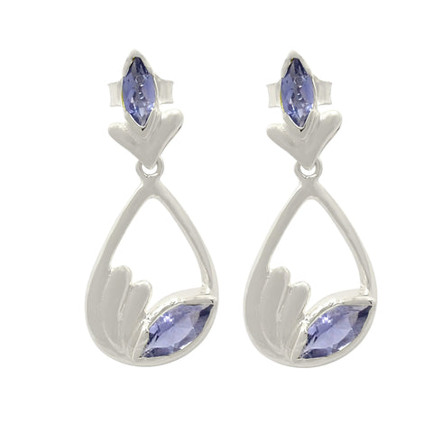 Rhodium Plated Sterling Silver Earring With Oval Shaped Iolite Stones - Fashion Apparel 