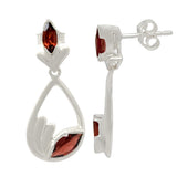 Sterling Silver Earring With Rhodium Plated And Two Oval Shaped Garnet Stones - Fashion Apparel 
