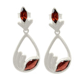 Sterling Silver Earring With Rhodium Plated And Two Oval Shaped Garnet Stones - Fashion Apparel 