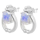 Rhodium Plated Sterling Silver Earring With Oval Shaped Moonlight Stone. - Fashion Apparel 