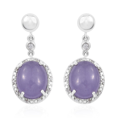 Sterling Silver Earring With Rhodium Plating And Purple Jade And Natural White Zircon Gemstone. - Fashion Apparel 