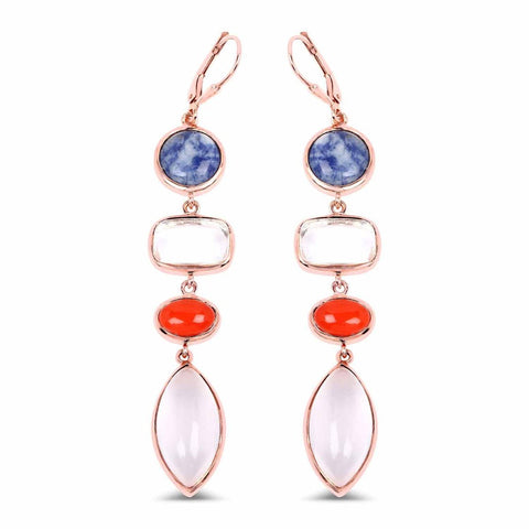 14K Rose Gold Plated 30.55 Carat Genuine Multi Stone .925 Sterling Silver Earrings - Fashion Apparel 