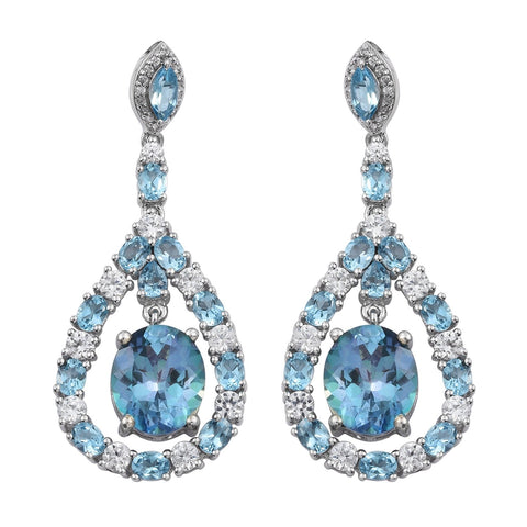 Sterling Silver Drop Earring With Icy Quartz, Swiss Blue Topaz, Natural White Zircon Covered In Rhodium Plating. - Fashion Apparel 