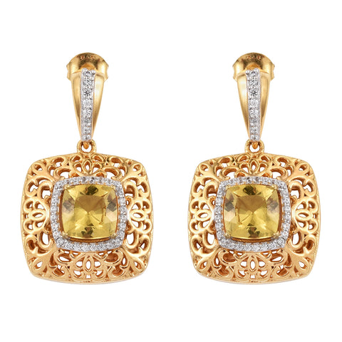 Yellow Gold Plated Sterling Silver Earring With Golden Apatite, Natural White Zircon Gemstones. - Fashion Apparel 