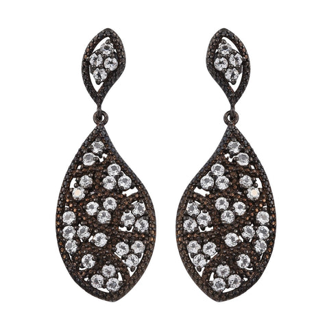 White Topaz, Sterling Silver Black Ruthenium Polished Dangle Earrings. - Fashion Apparel 