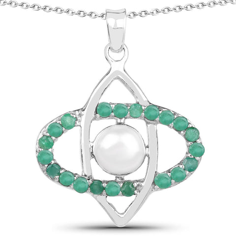 2.58 Carat Genuine Pearl and Emerald .925 Sterling Silver Pendant - Fashion Apparel 