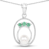 2.25 Carat Genuine Pearl and Emerald .925 Sterling Silver Pendant - Fashion Apparel 