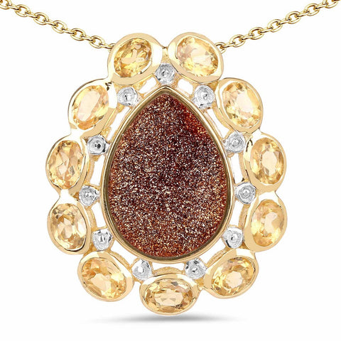 14K Yellow Gold Plated 5.14 Carat Genuine Red Droozi and Citrine .925 Sterling Silver Pendant - Fashion Apparel 