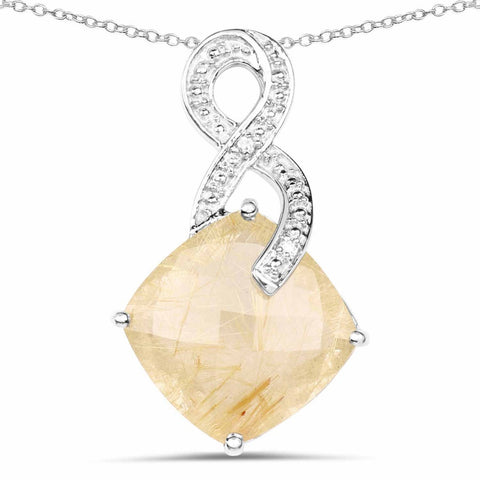 8.81 Carat Genuine Golden Rutile and White Diamond .925 Sterling Silver Pendant - Fashion Apparel 