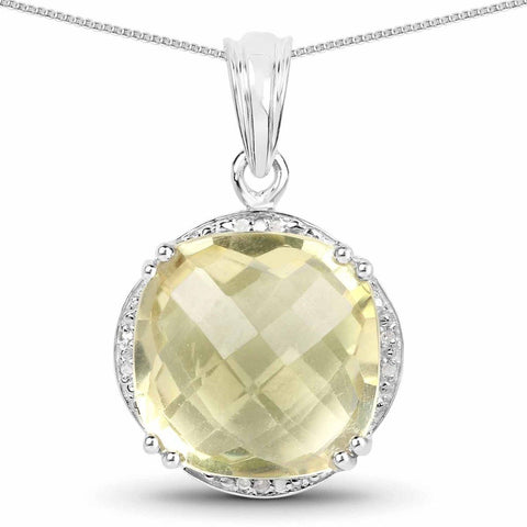 13.05 Carat Genuine Lemon Quartz and White Diamond .925 Sterling Silver Pendant - Fashion Apparel 