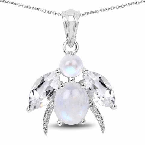 7.43 Carat Genuine White Rainbow Moonstone, Crystal Quartz and White Topaz .925 Sterling Silver Pendant - Fashion Apparel 