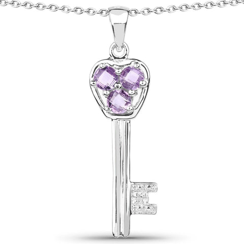 1.00 Carat Genuine Amethyst and White Diamond .925 Sterling Silver Pendant - Fashion Apparel 